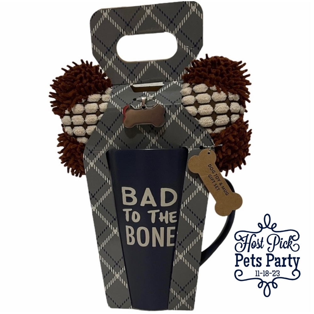 BAD TO THE BONE Doggy Gift Set Coffee Mug ID Tag Dog Toy